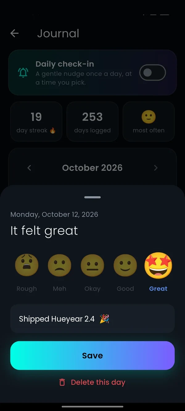 Logging a day with animated faces and a note