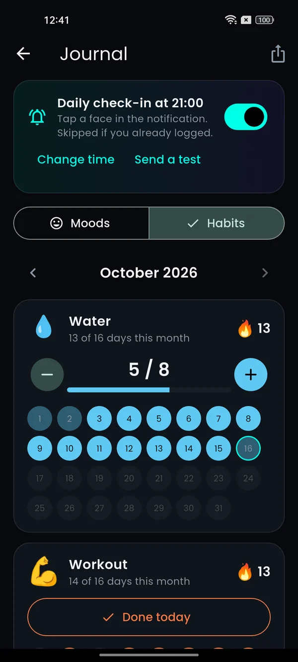 Habit journal with water count, streak and month dots