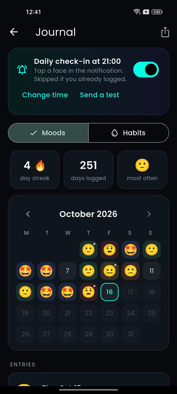 Journal month view with mood faces