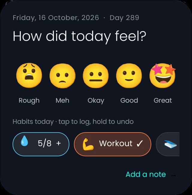 Quick log sheet with mood faces and habit chips