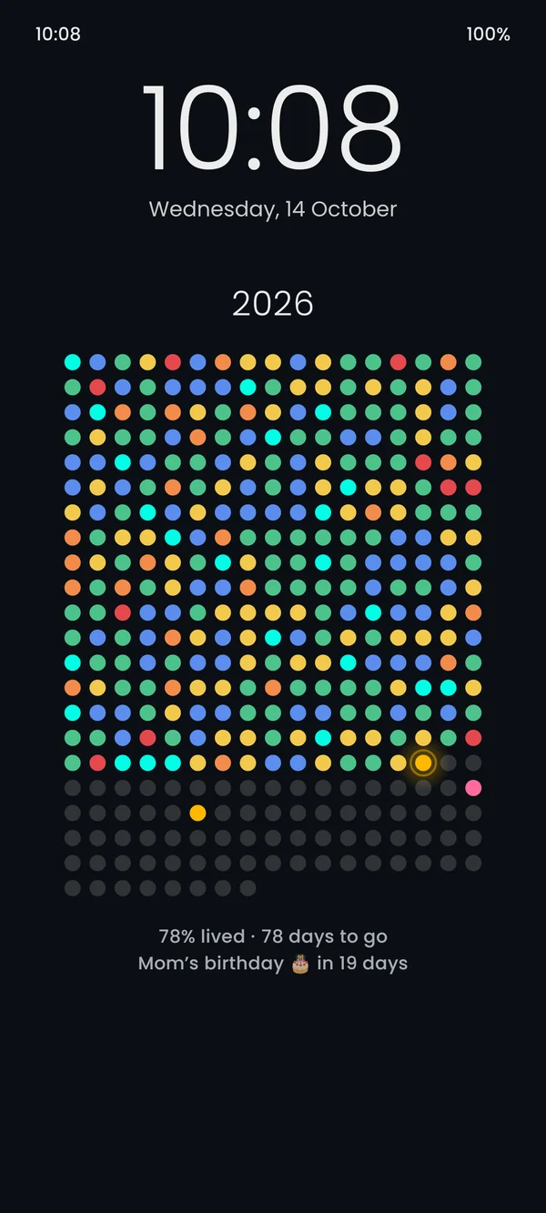 Hueyear wallpaper on a lock screen: a year of mood-coloured dots