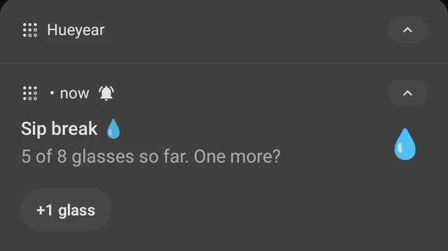 Water reminder notification with a +1 glass button