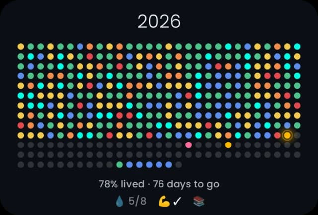 Hueyear home-screen widget: a year of mood-coloured dots with 5 of 8 glasses of water, workout done